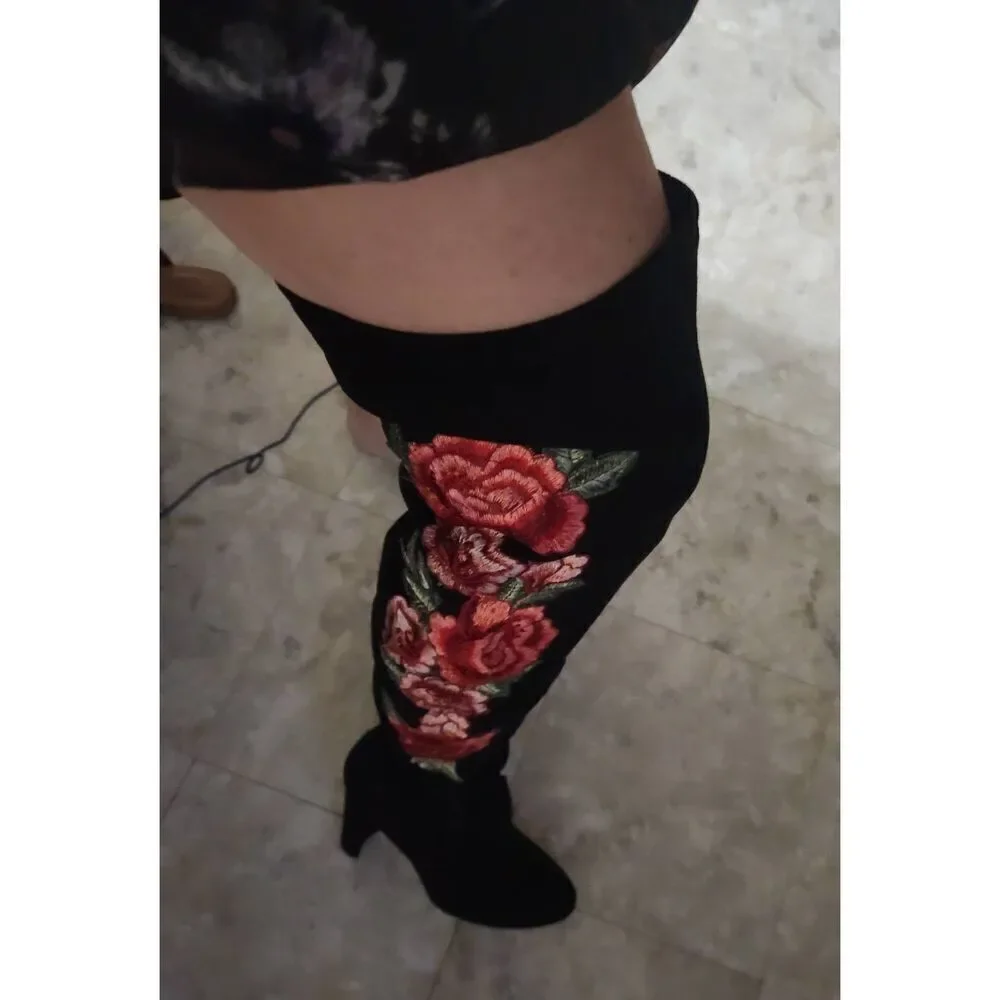 JustFab Tibbie floral embroidered over the knee boots